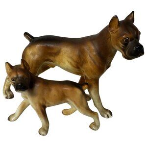 Vtg Ceramic Boxer Dog Figurines Lg & Sm Pair Adult Puppy Brn & Blk 6.5” & 4.5”